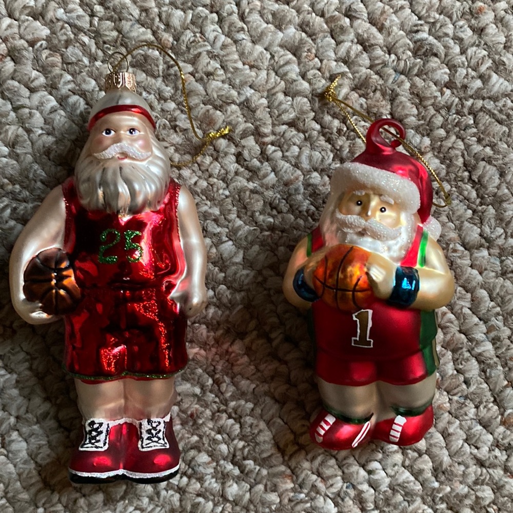 TWO glass Santa ornaments basketball themed